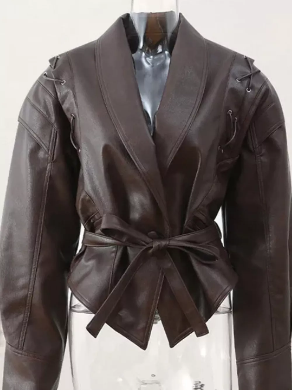 Belted Leather Jacket with Shawl Collar, image 9