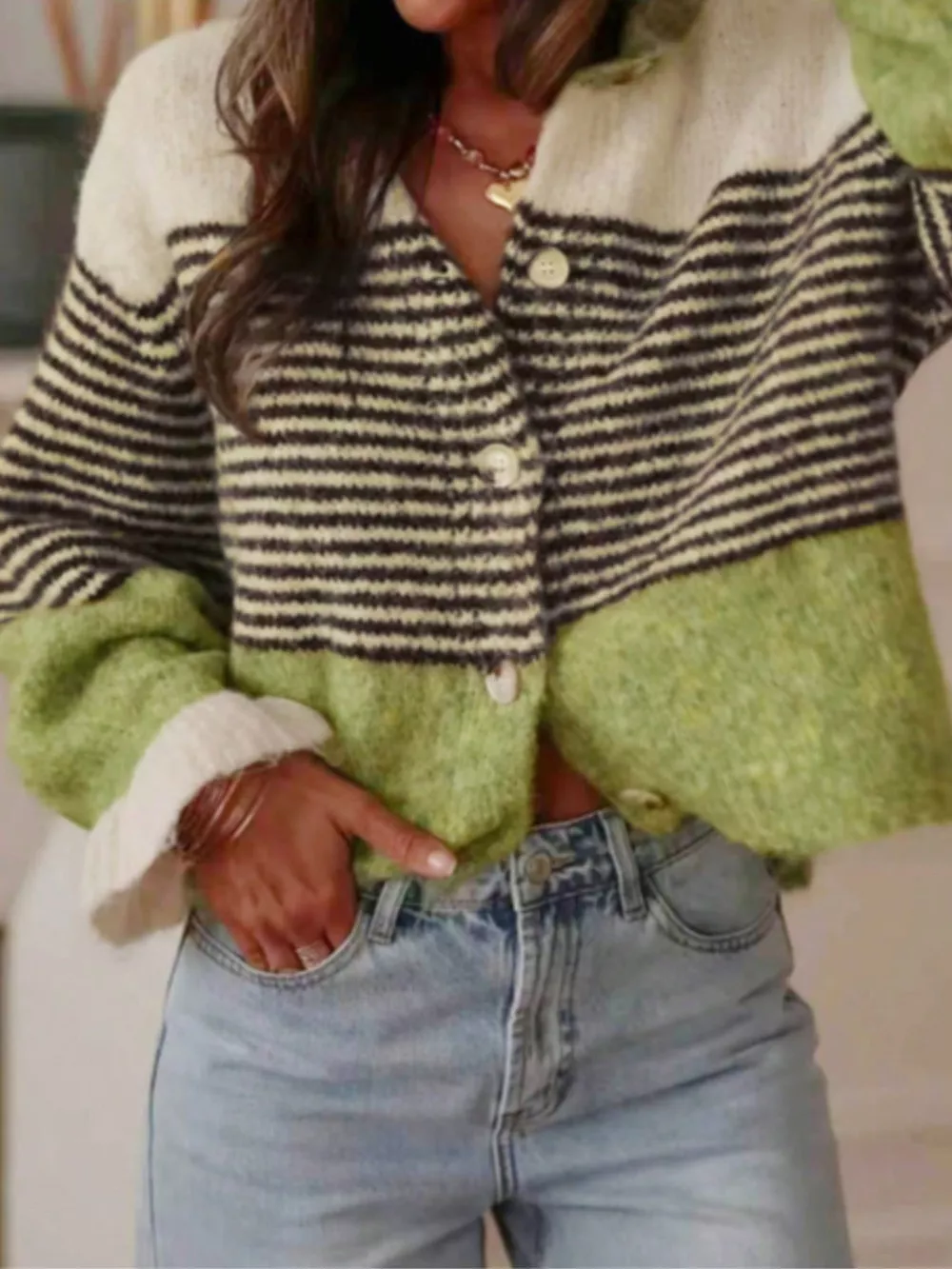 Striped Color-Block Button-Down Cardigan, image 5