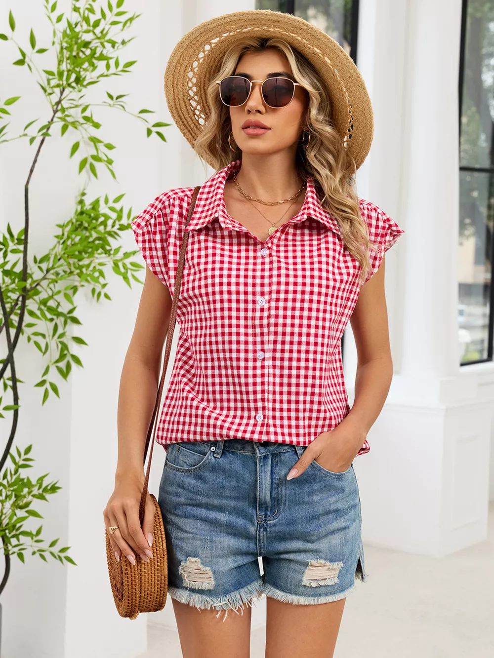 Plaid Button Up Cap Sleeve Shirt, image 3