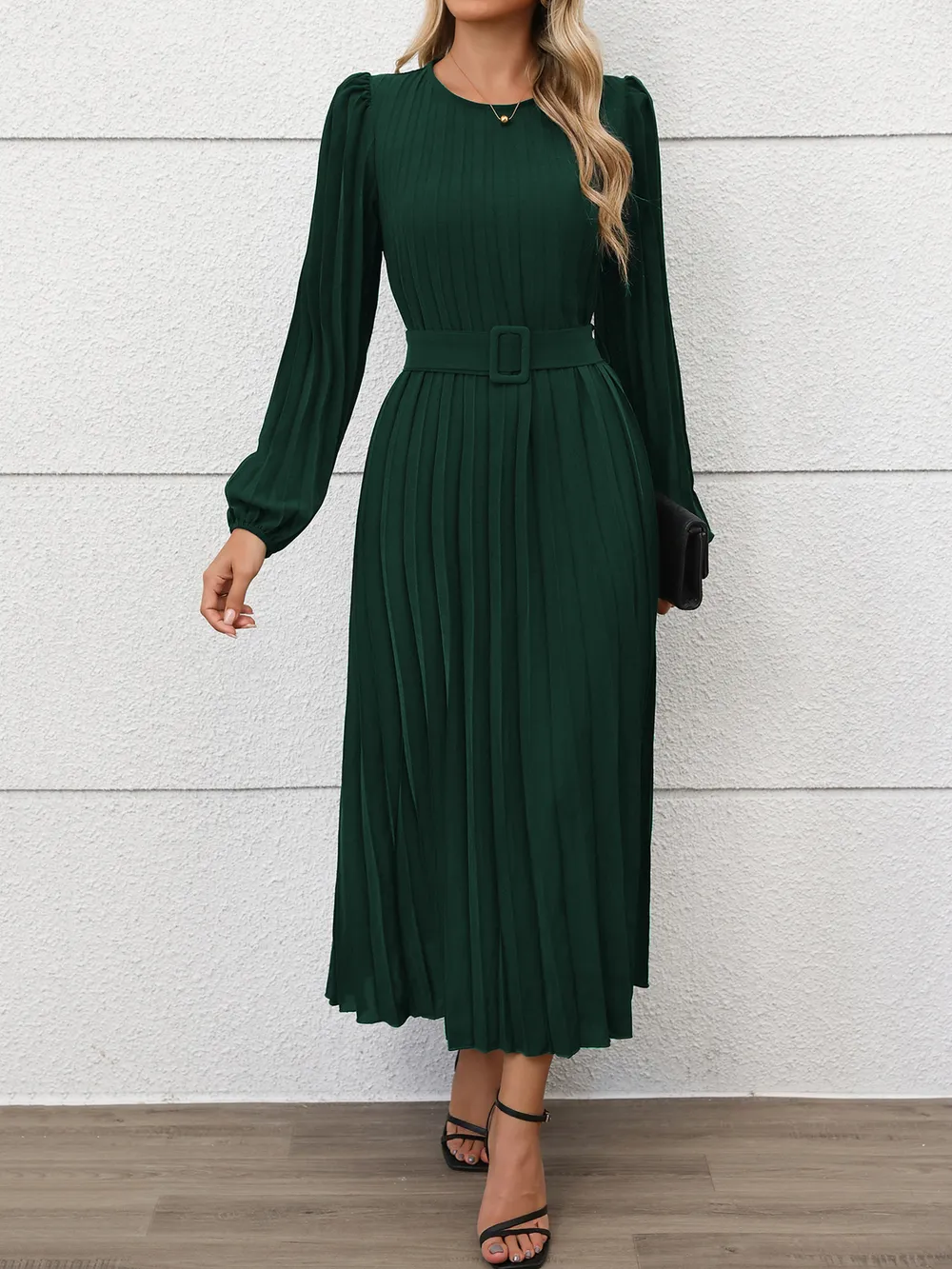 Pleated Round Neck Long Sleeve Dress, image 7
