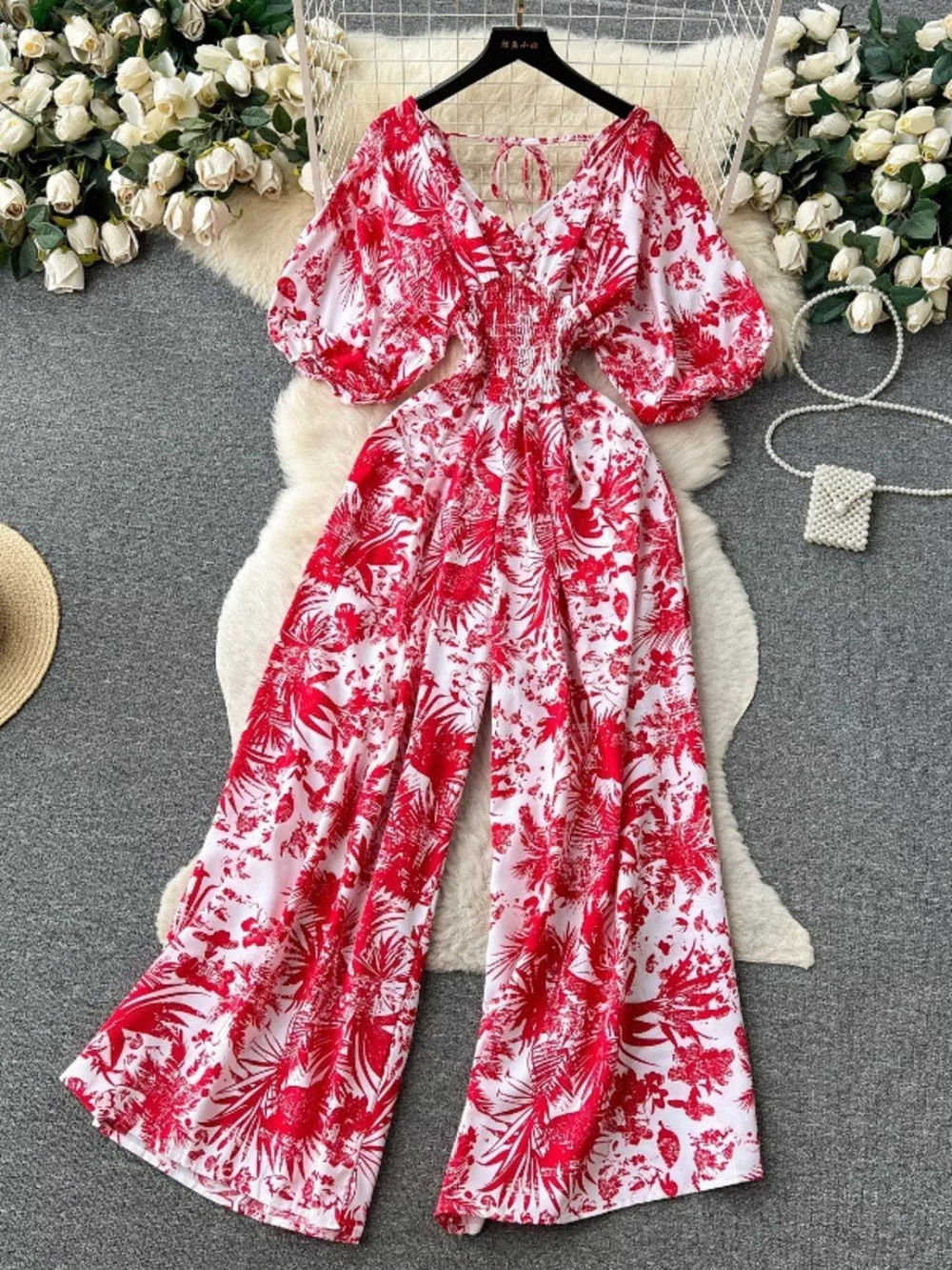 Smocked V-Neck Wide Leg Jumpsuit, image 5