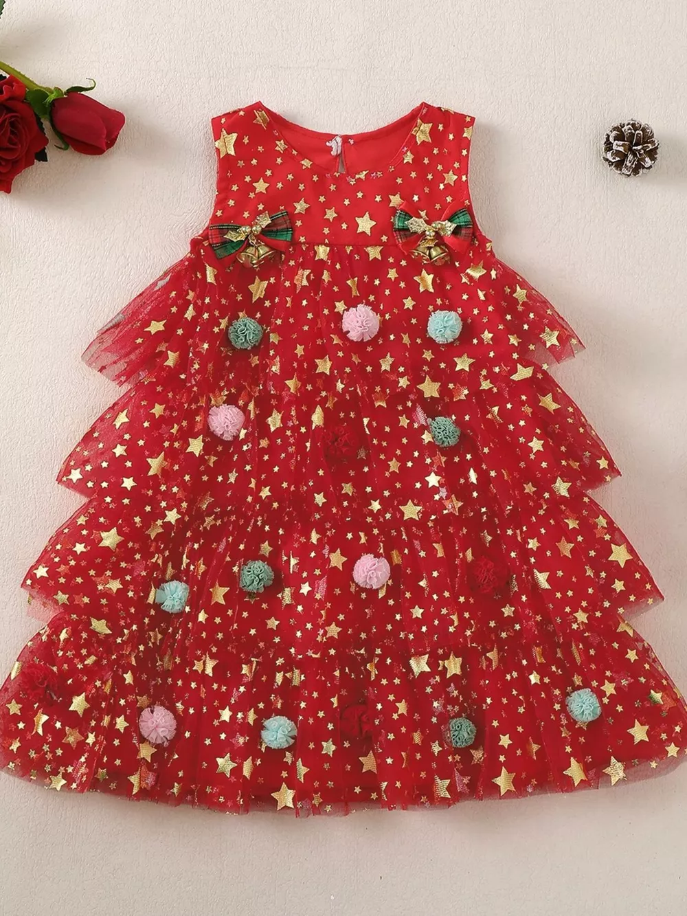 Children's Star Print Pom-Pom Embellishments Tulle Dress, image 6