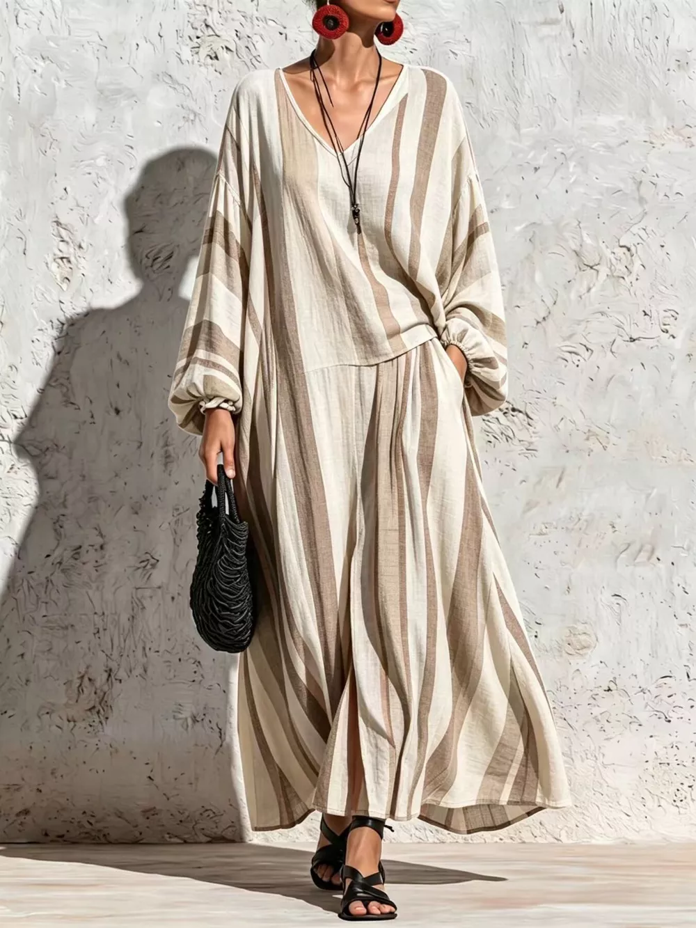 Bohemian Striped V-Neck Loose Top and Wide Leg Pants Set, image 4