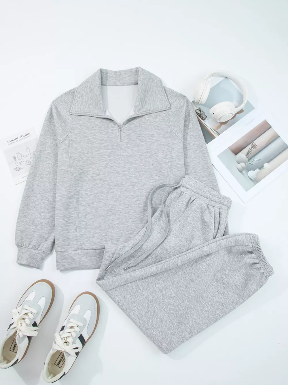 Zip Collar Long Sleeve Top and Drawstring Pants Set, image 2