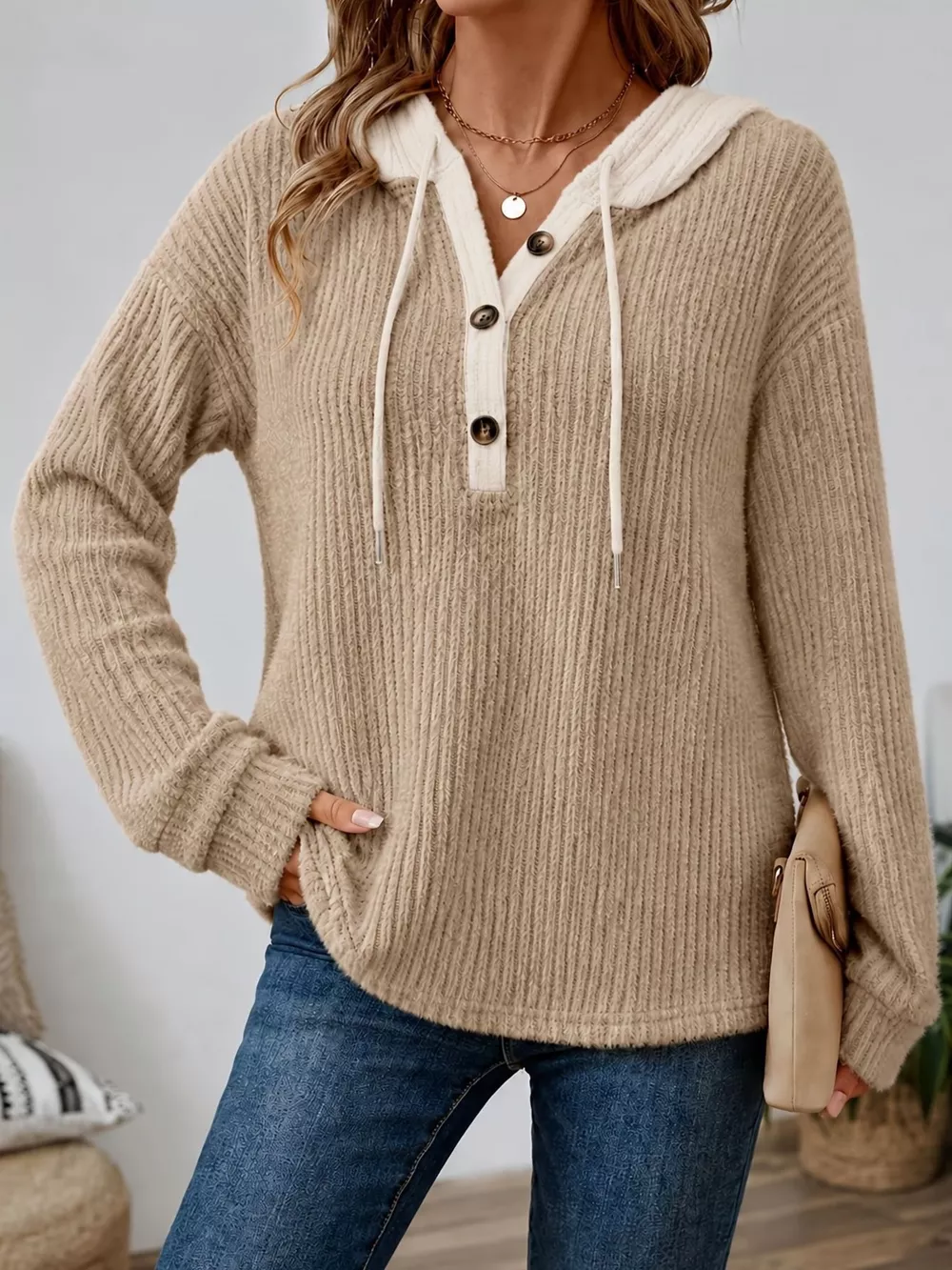 Full Size Drawstring Button Detail Hooded Sweater Plus Size, image 13