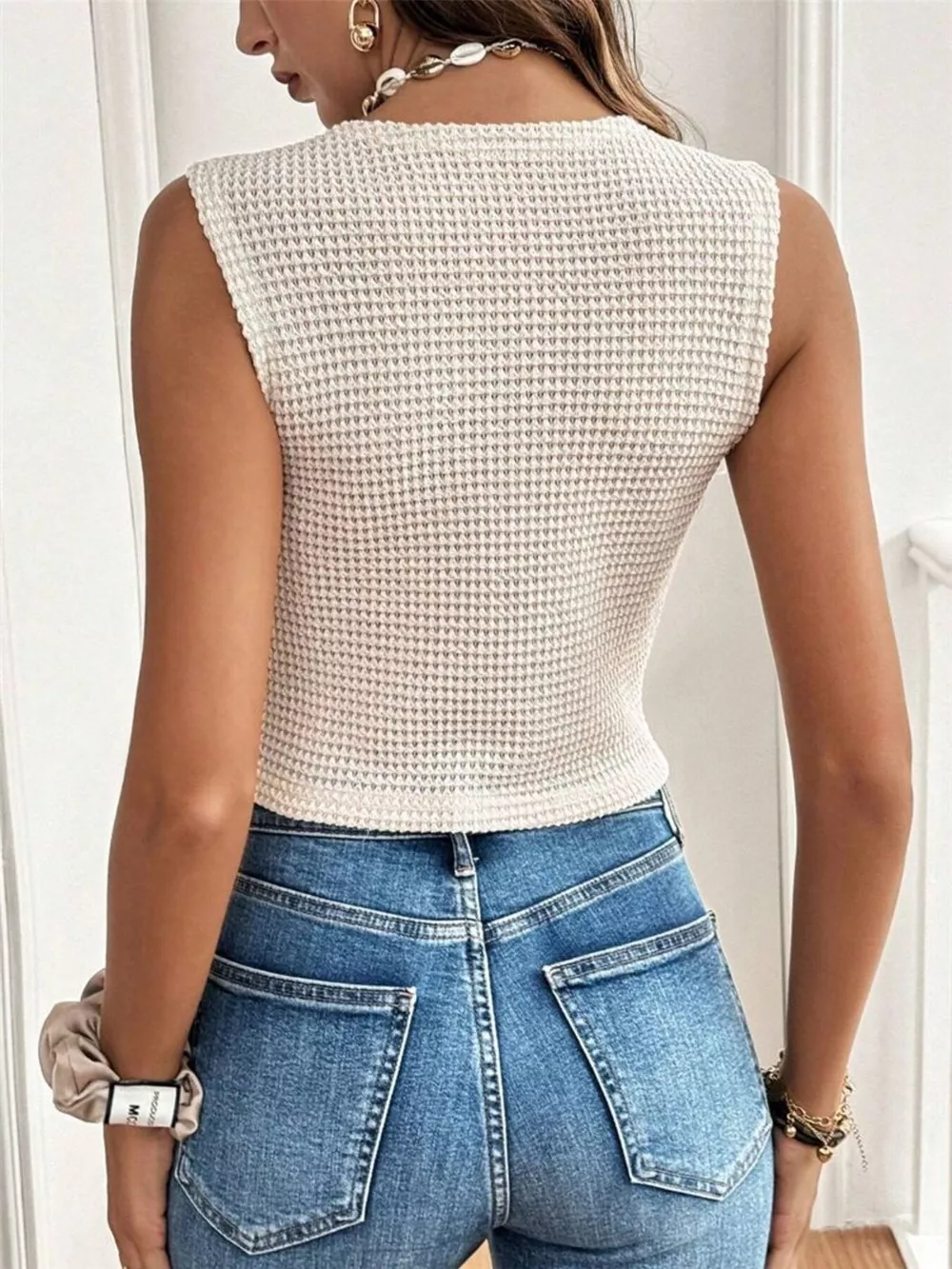 Textured Button-Front Sleeveless Vest Top, image 2