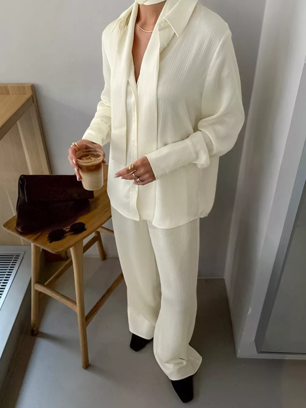 Texture Shirt and Wide-Leg Pants Set