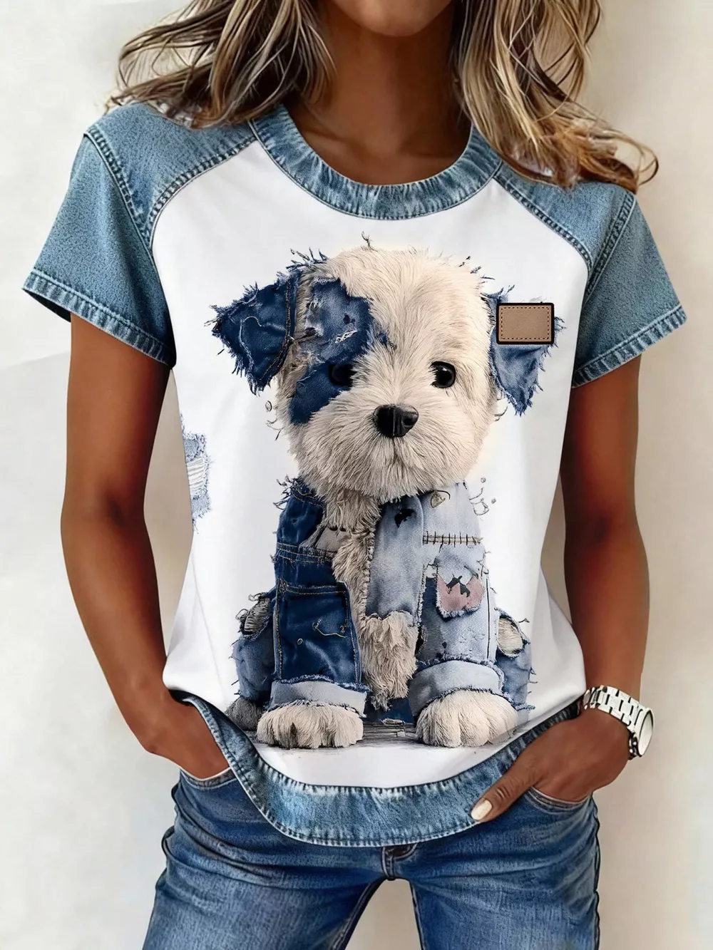 Denim Patchwork Short Sleeve Blouse, image 9