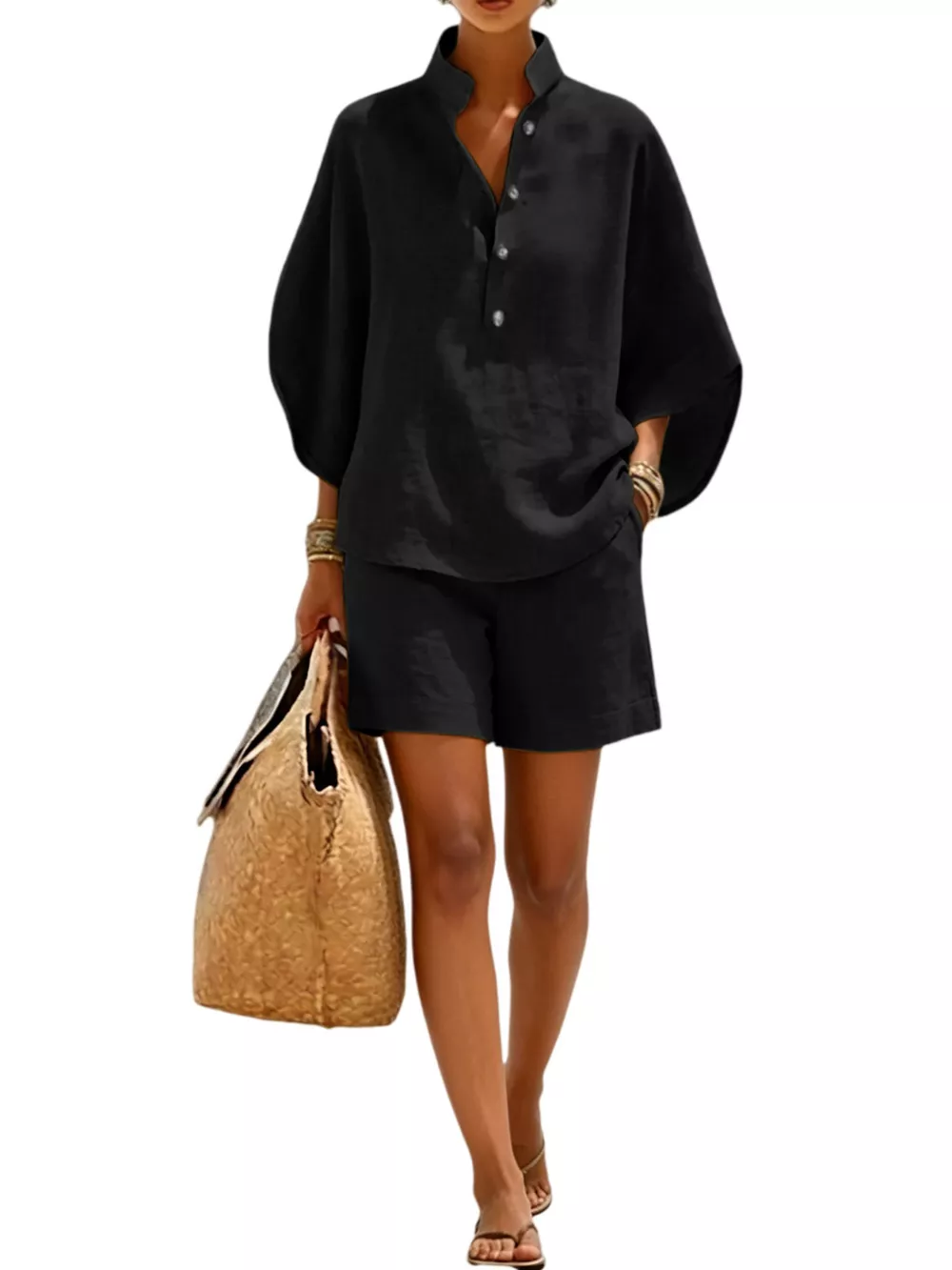 Full Size Button Detail Loose Fit Top and Shorts Set Plus Size, image 11