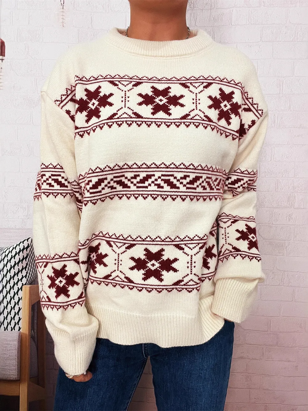 Christmas Snowflake Round Neck Sweater, image 5