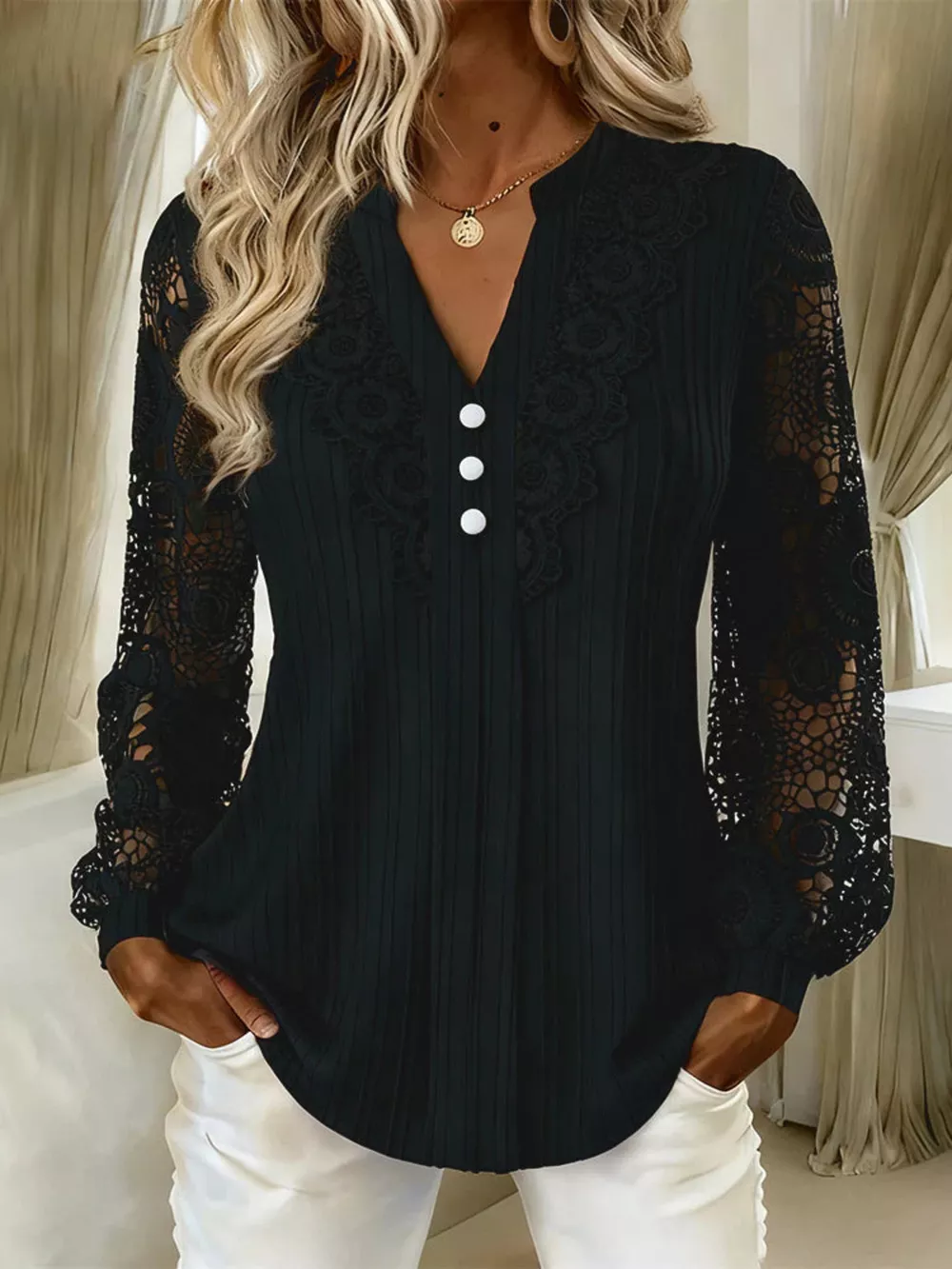 Lace Long Sleeve Notched Blouse, image 7