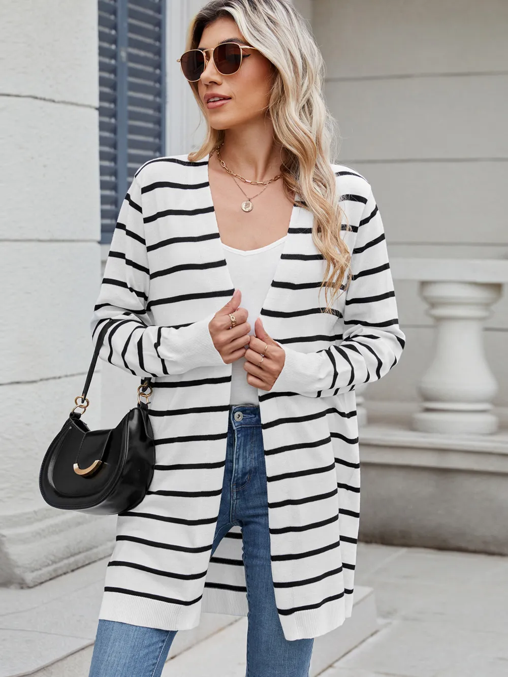Striped Open Front Cardigan with Relaxed Fit, image 2