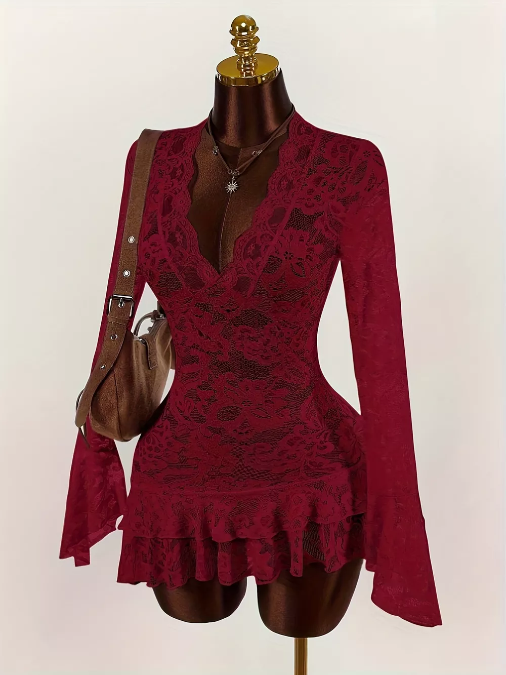 Lace V-Neck Long Sleeve Ruffled Blouse, image 2