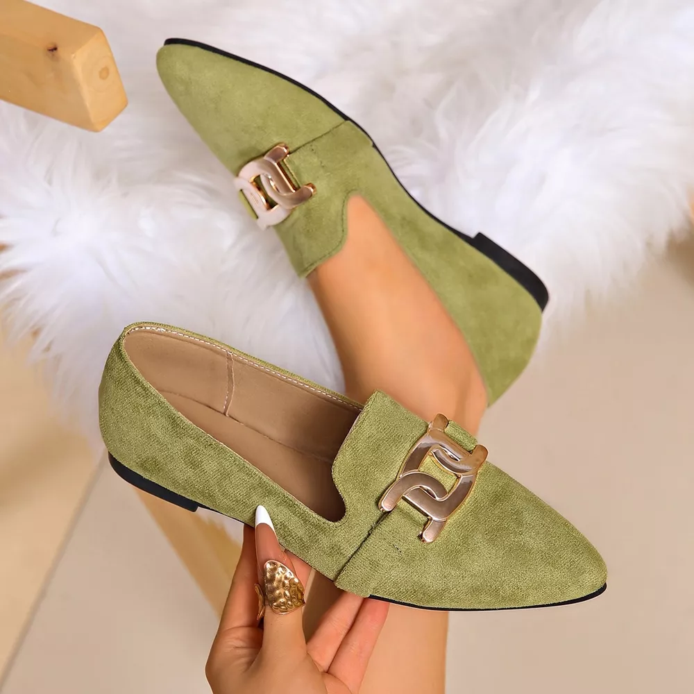 Pointed-Toe Suede Loafers with Metallic Chain Detail, image 4
