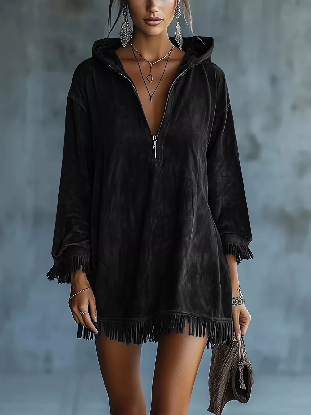 Full Size Hooded Fringed Half Zip Mini Dress Plus Size