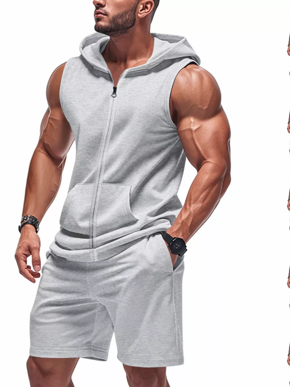 Men's Full Size Zip Up Sleeveless Hoodie & Shorts Set Plus Size, image 6
