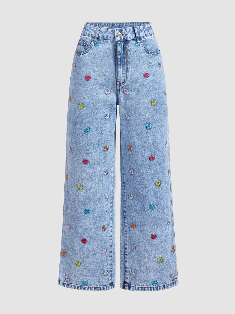 Embroidered High-Waisted Wide-Leg Jeans