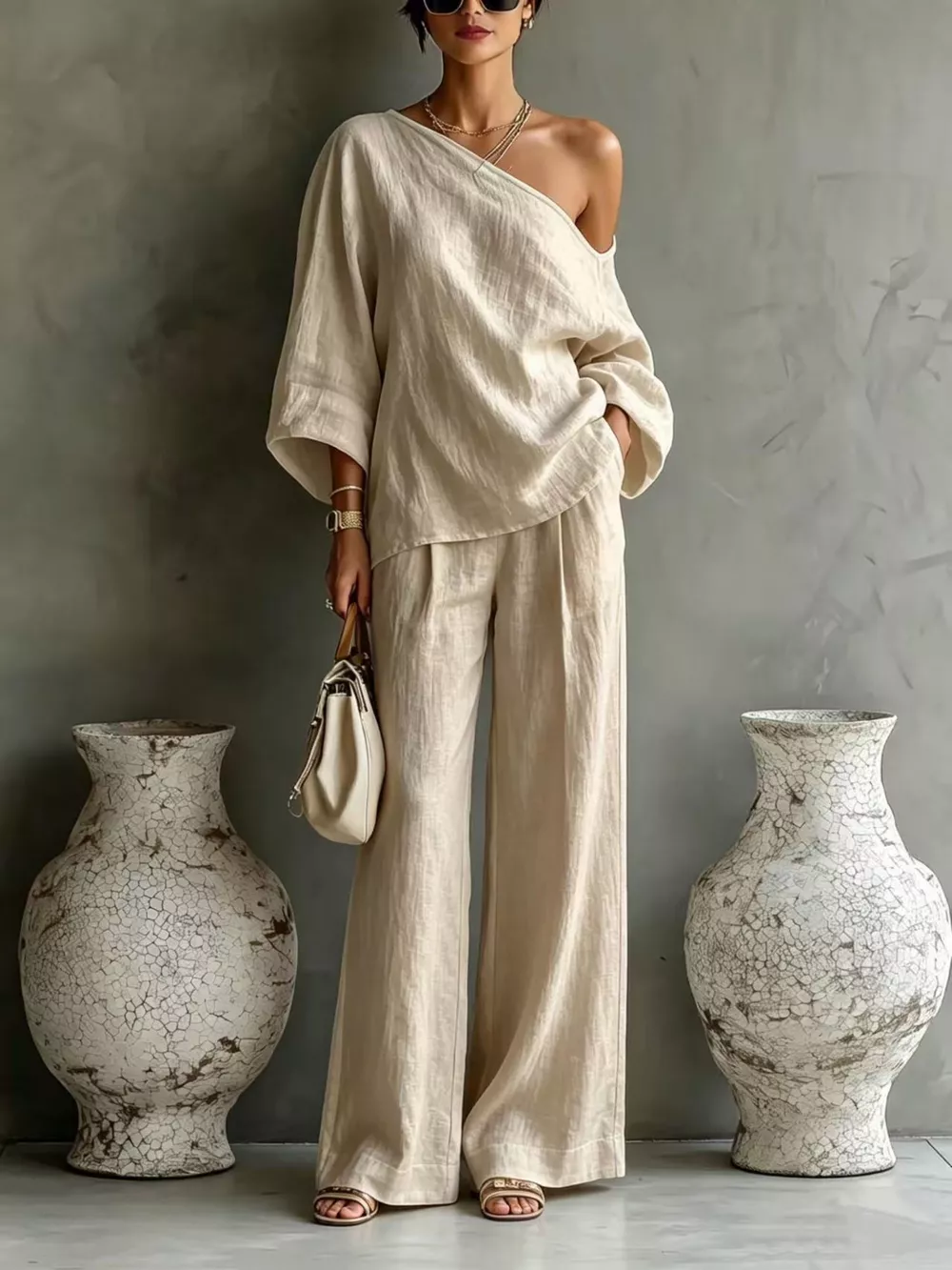 One Shoulder Top and Wide Leg Pants Set, image 5