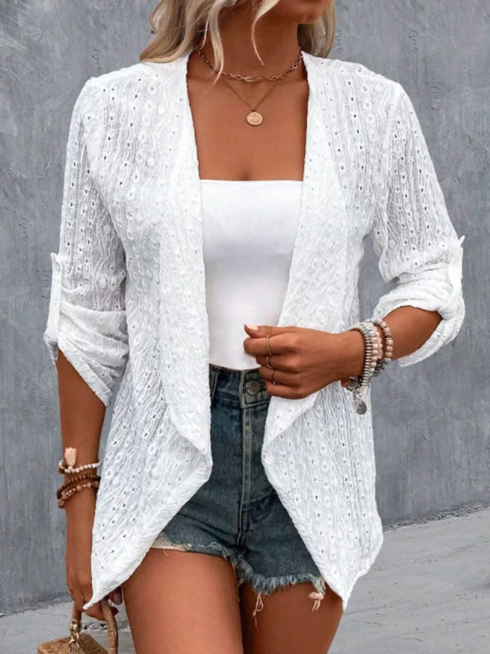Eyelet Embroidered Open Front Cardigan, image 2