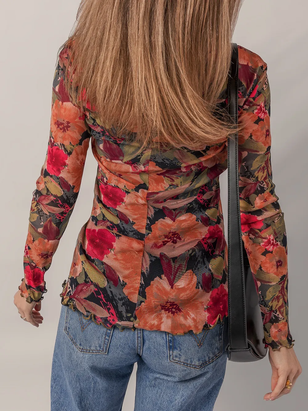 Multicolour Floral Print Lettuce Trim Long Sleeve Mesh Top, image 2