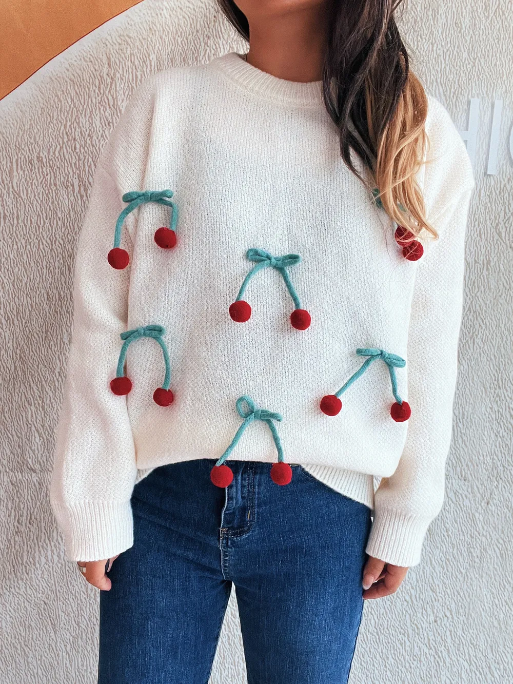 Cherry Round Neck Long Sleeve Sweater, image 5