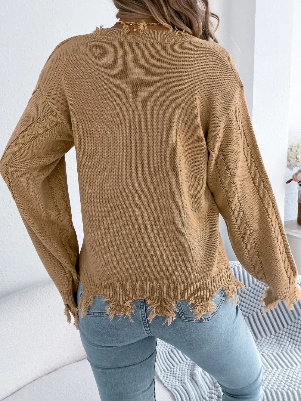 V-Neck Distressed Hem Cable Knit Sweater, image 14