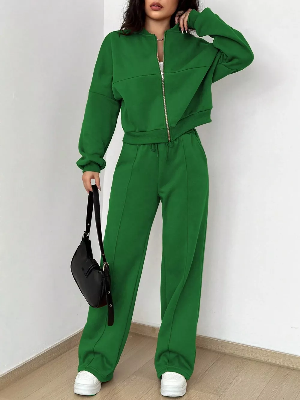 Casual Solid Color Zipper Jacket and Wide Leg Pants Set, image 13