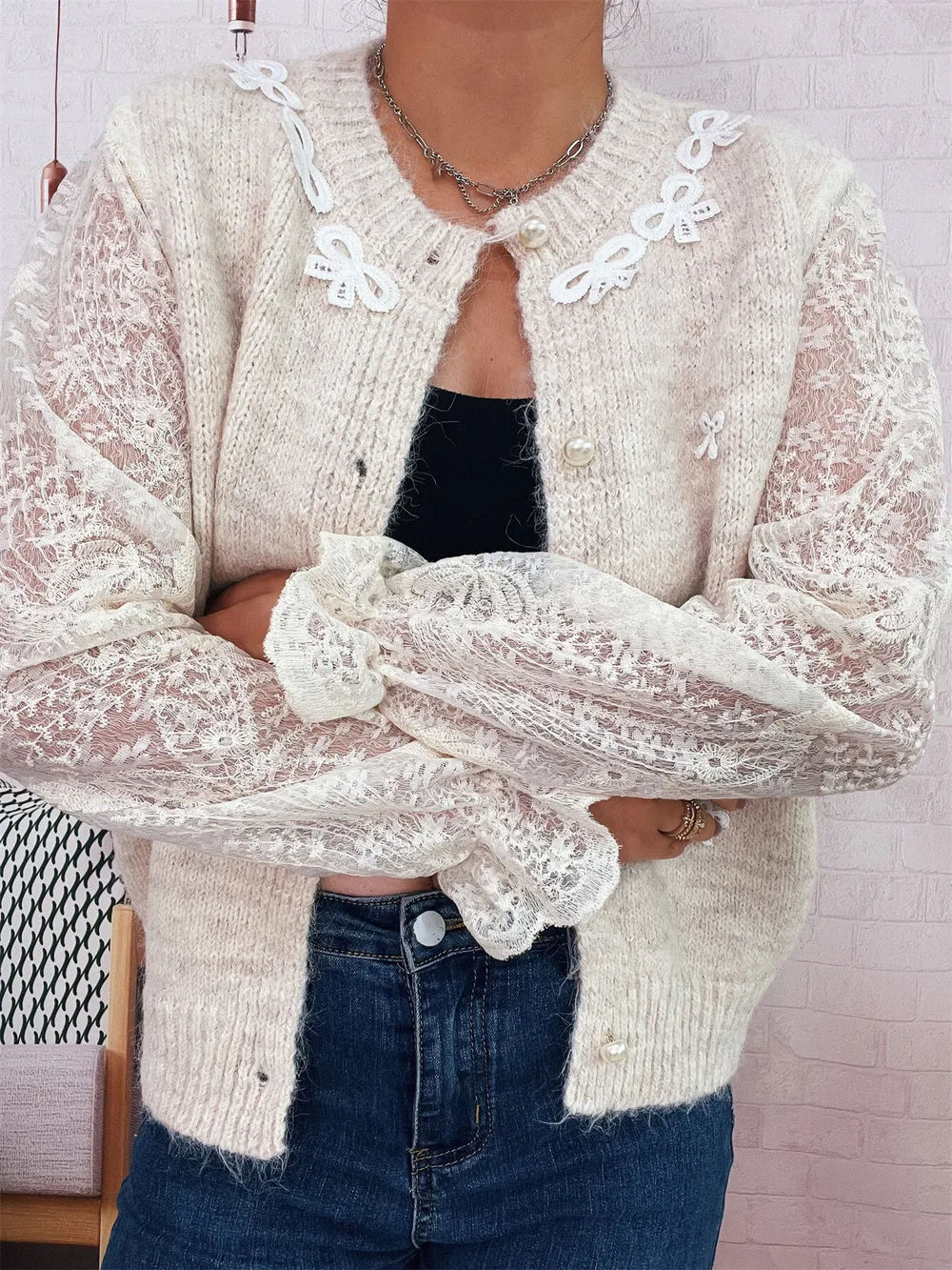 Lace Sleeve Button-Up Cardigan, image 3