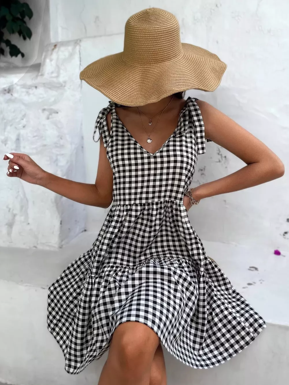 Gingham Tie-Shoulder Tiered Mini Dress, image 2
