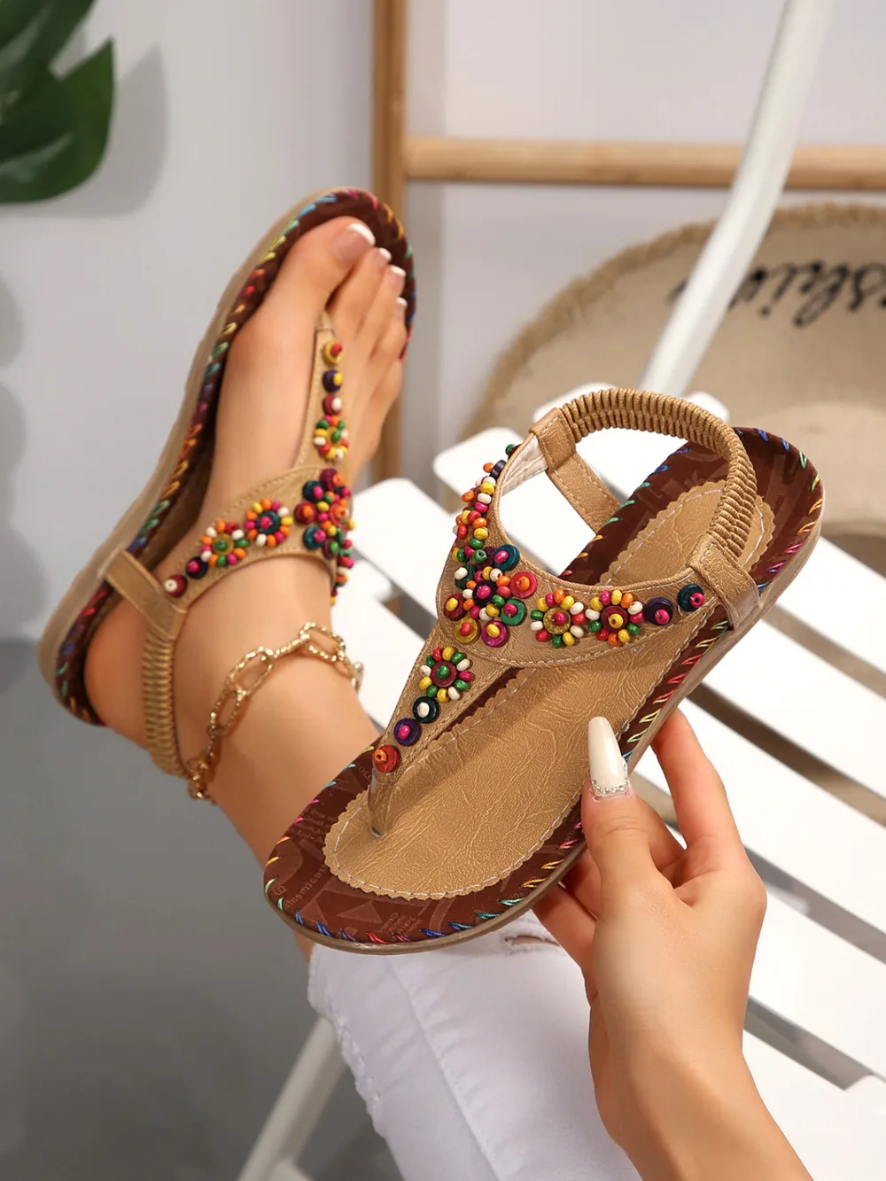 Colorful Beaded T-Strap Flat Sandals, image 3