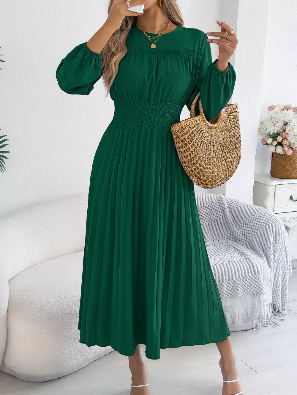 Smocked Pleated Long Sleeve Midi Dress, image 2