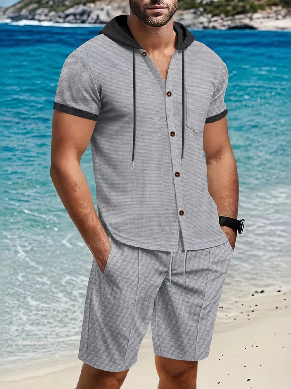 Men's Full Size Casual Hooded Top & Shorts Set Plus Size, image 3