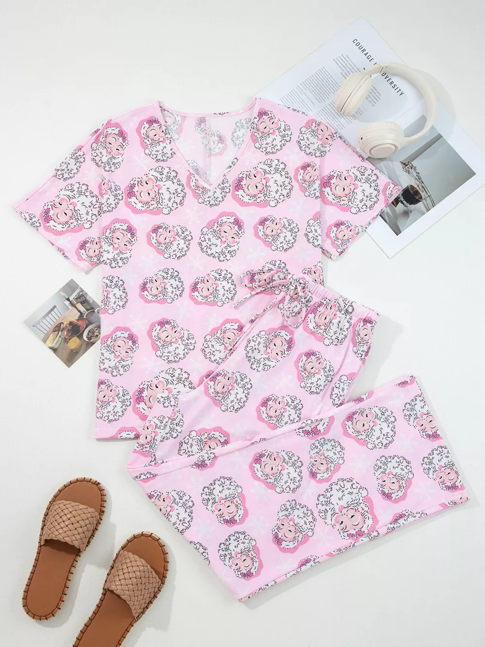 Santa Claus Print V Neck Tee Drawstring Pants 2pcs Lounge Set, image 2