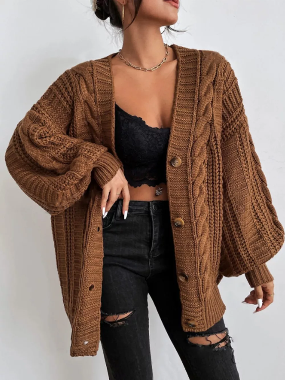 Cable Knit V-Neck Button-Down Cardigan, image 7