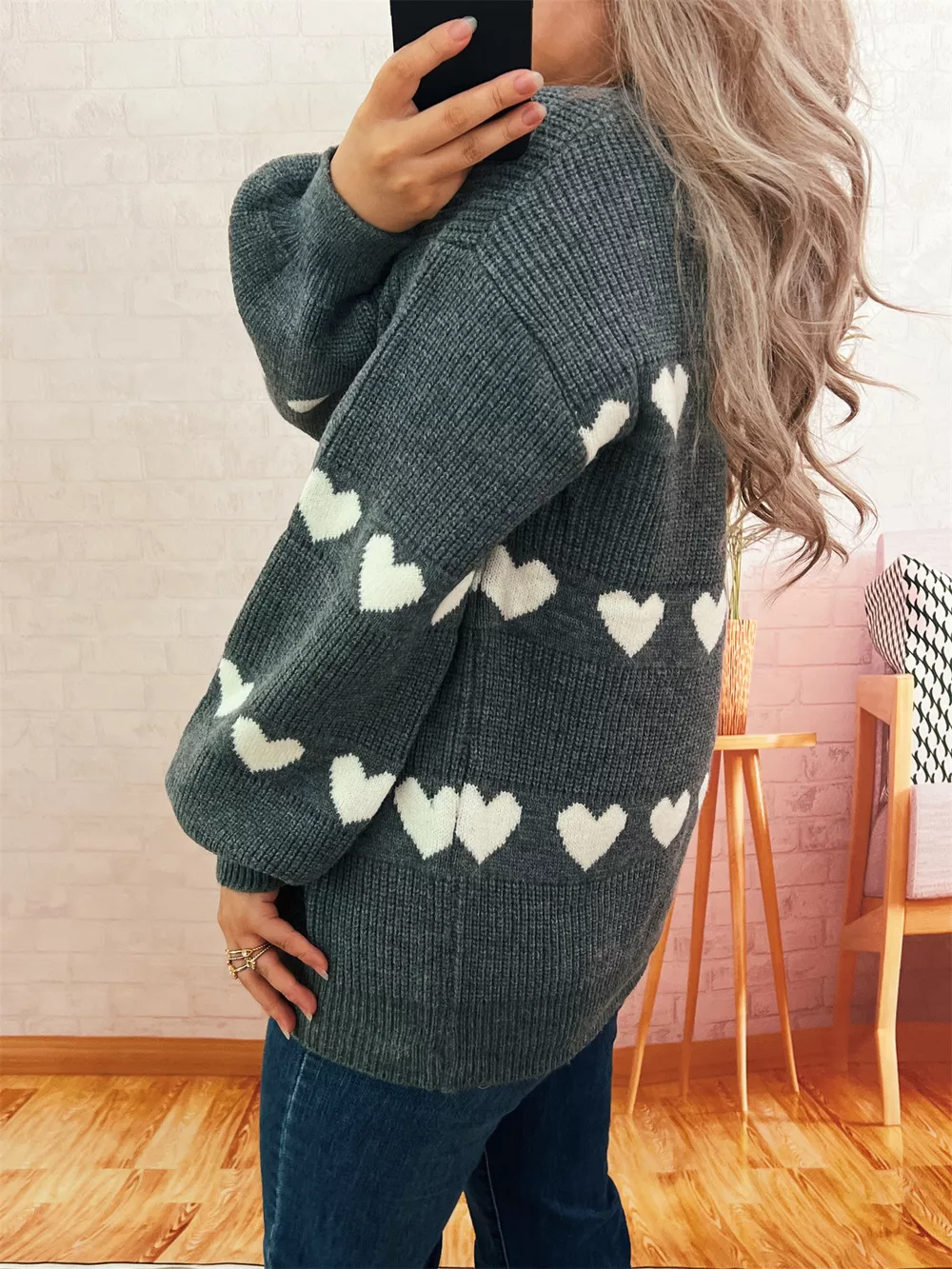 Heart Pattern Dropped Shoulder Sweater, image 12