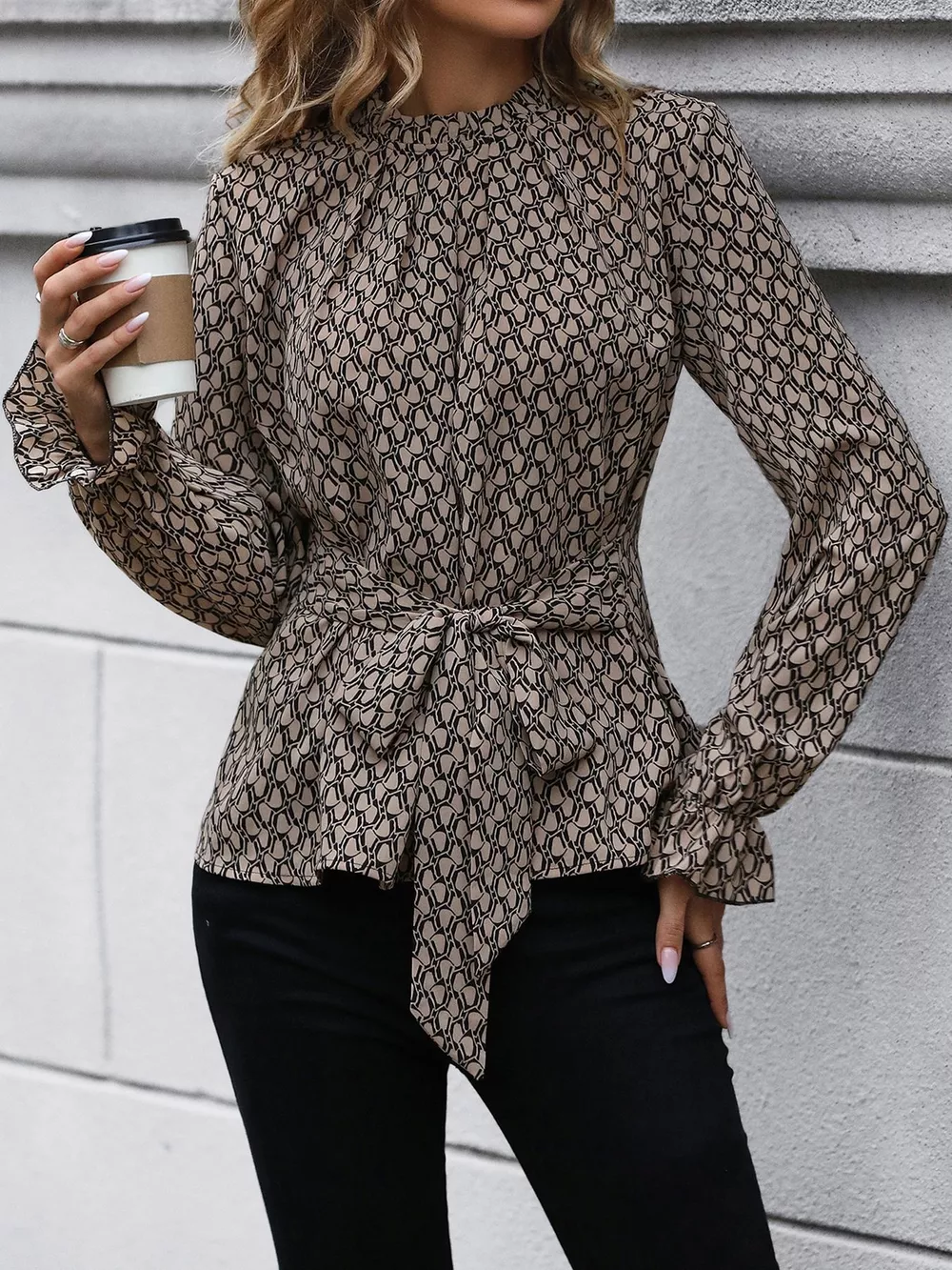 Printed Tie-Waist Flounce Sleeve Blouse, image 3
