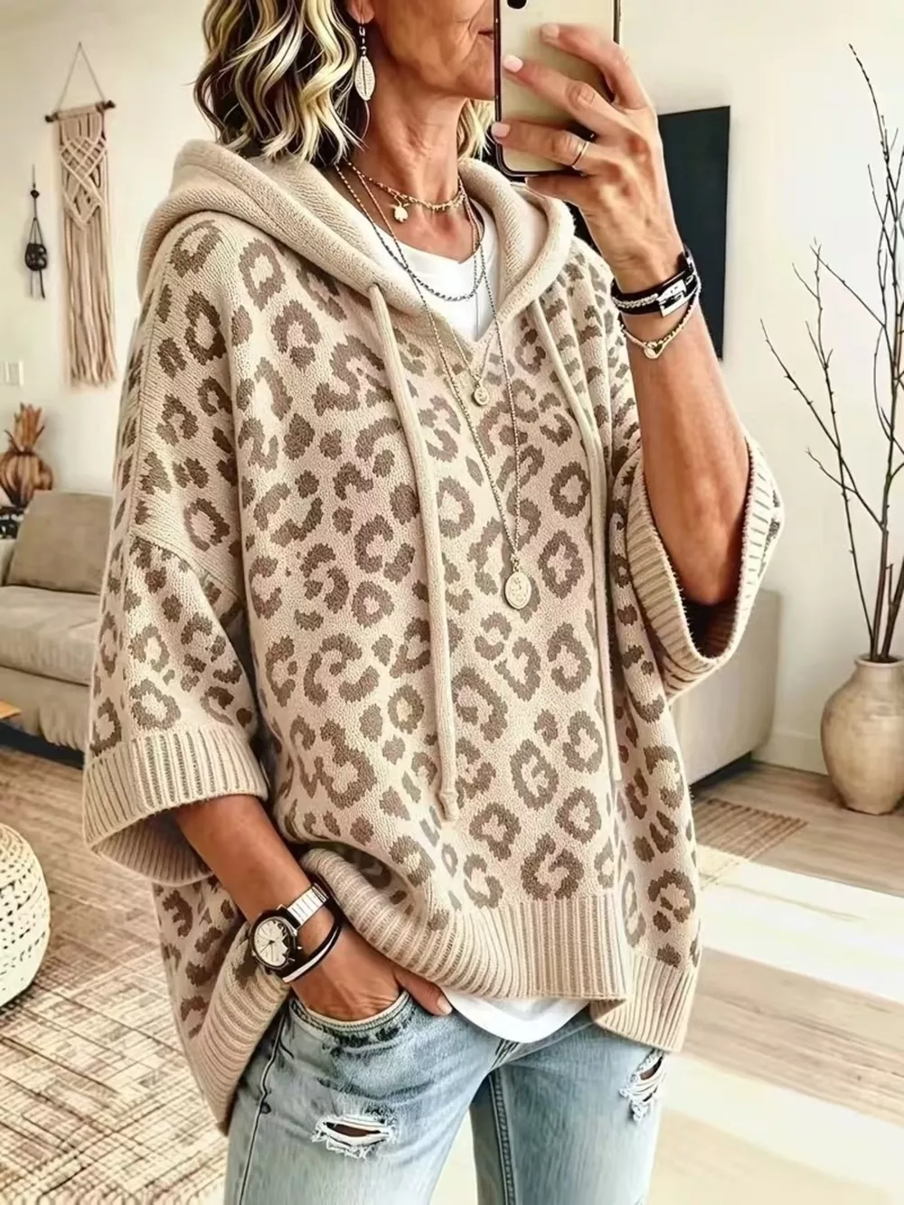 Leopard Print Hooded Knit Sweater