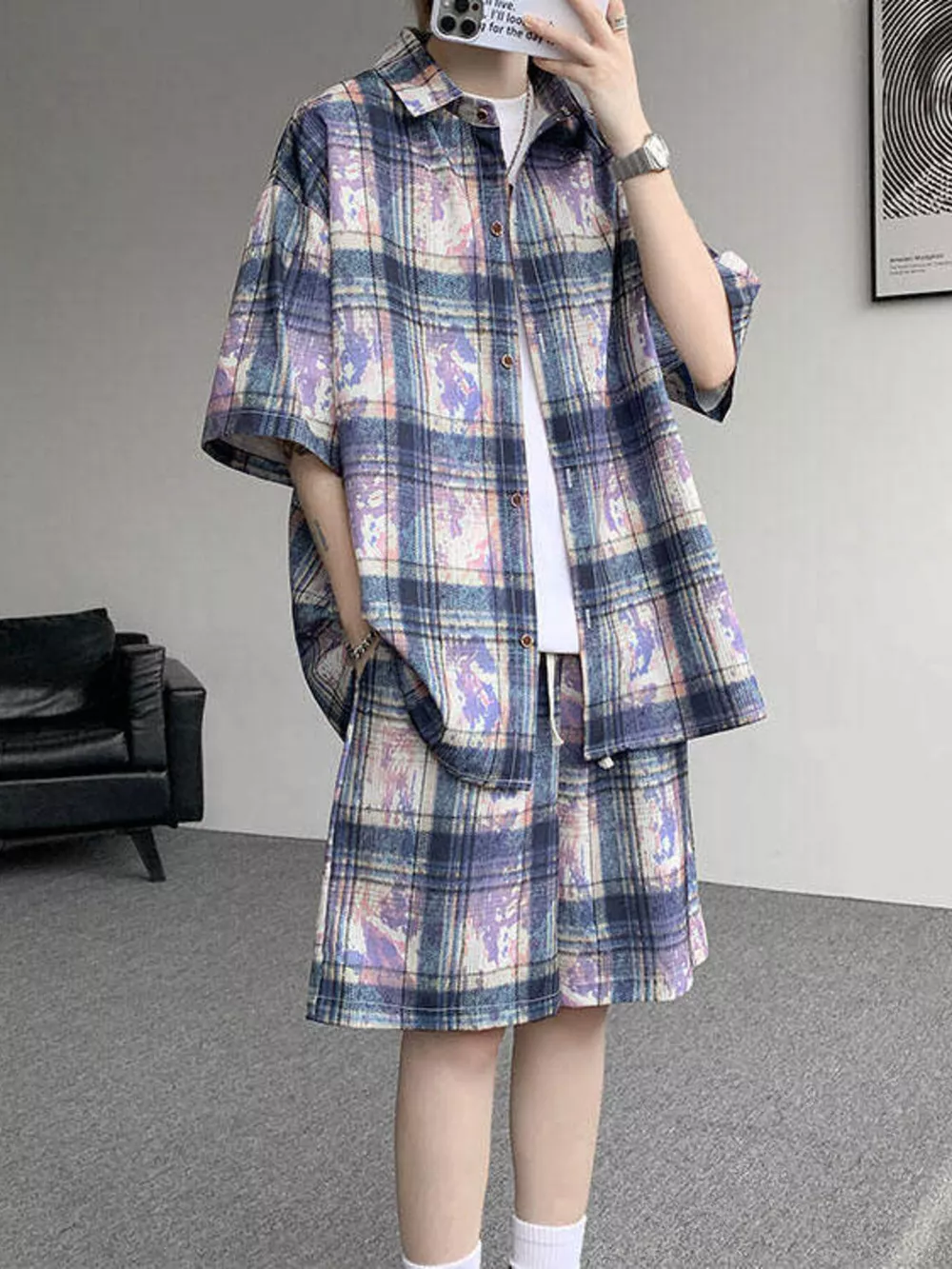 Men's Plus Size Casual Plaid Print Shirt & Shorts Set, image 3