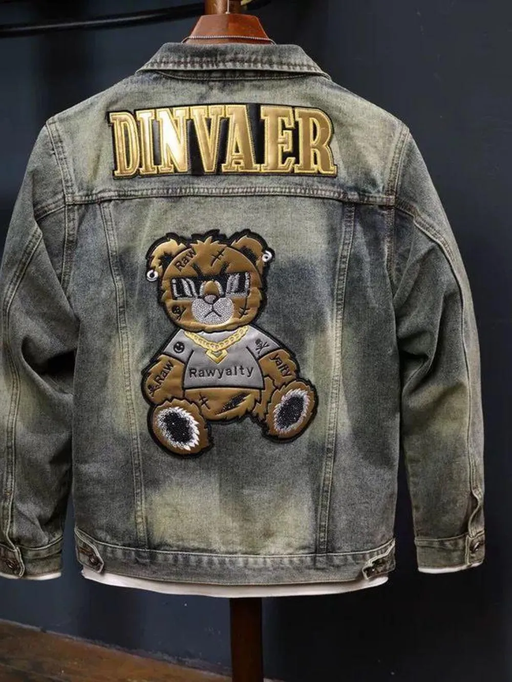 Men's Plus Size Washed Denim Jacket with Embroidered Patch, image 2