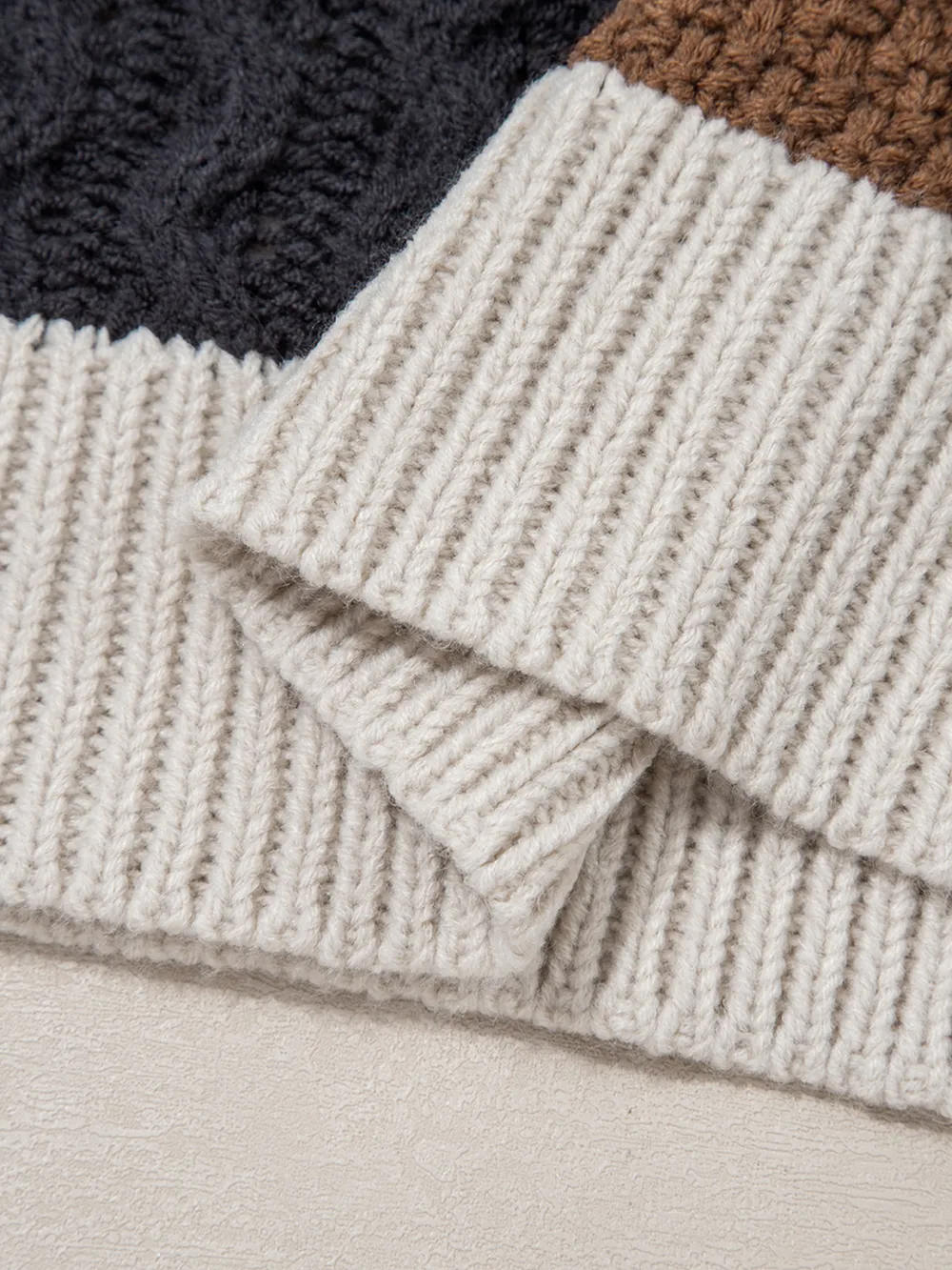 Multicolour Color Block Cable Knit Sleeve Buttons Collared Sweater, image 3