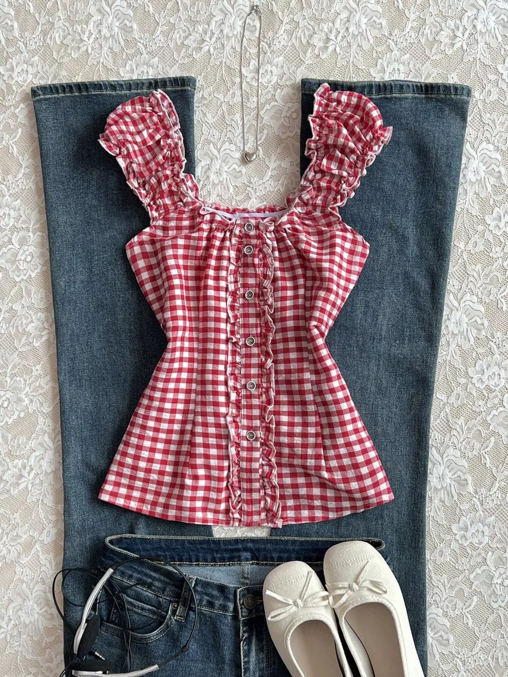 Frill Gingham Cap Sleeve Blouse, image 4