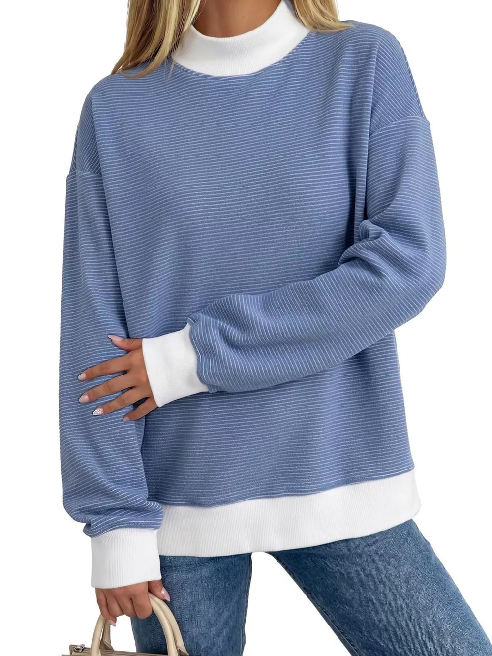 Casual Mock Neck Striped Long Sleeve T-Shirt, image 5