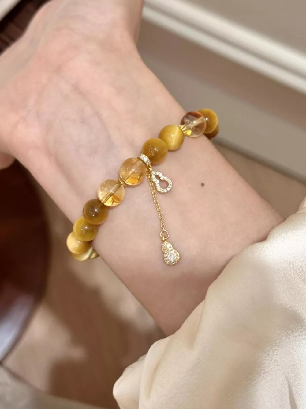 Tiger Eye Beaded Bracelet with Gourd Charm, image 3
