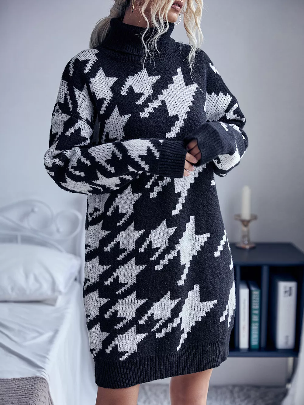 Houndstooth Pattern Turtleneck Sweater Dress, image 6