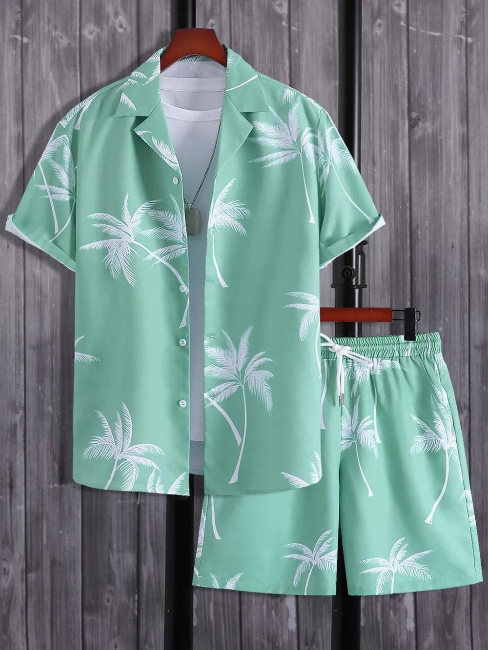 Men's Full Size Palm Print Button Up Shirt and Shorts Set Plus Size, image 3