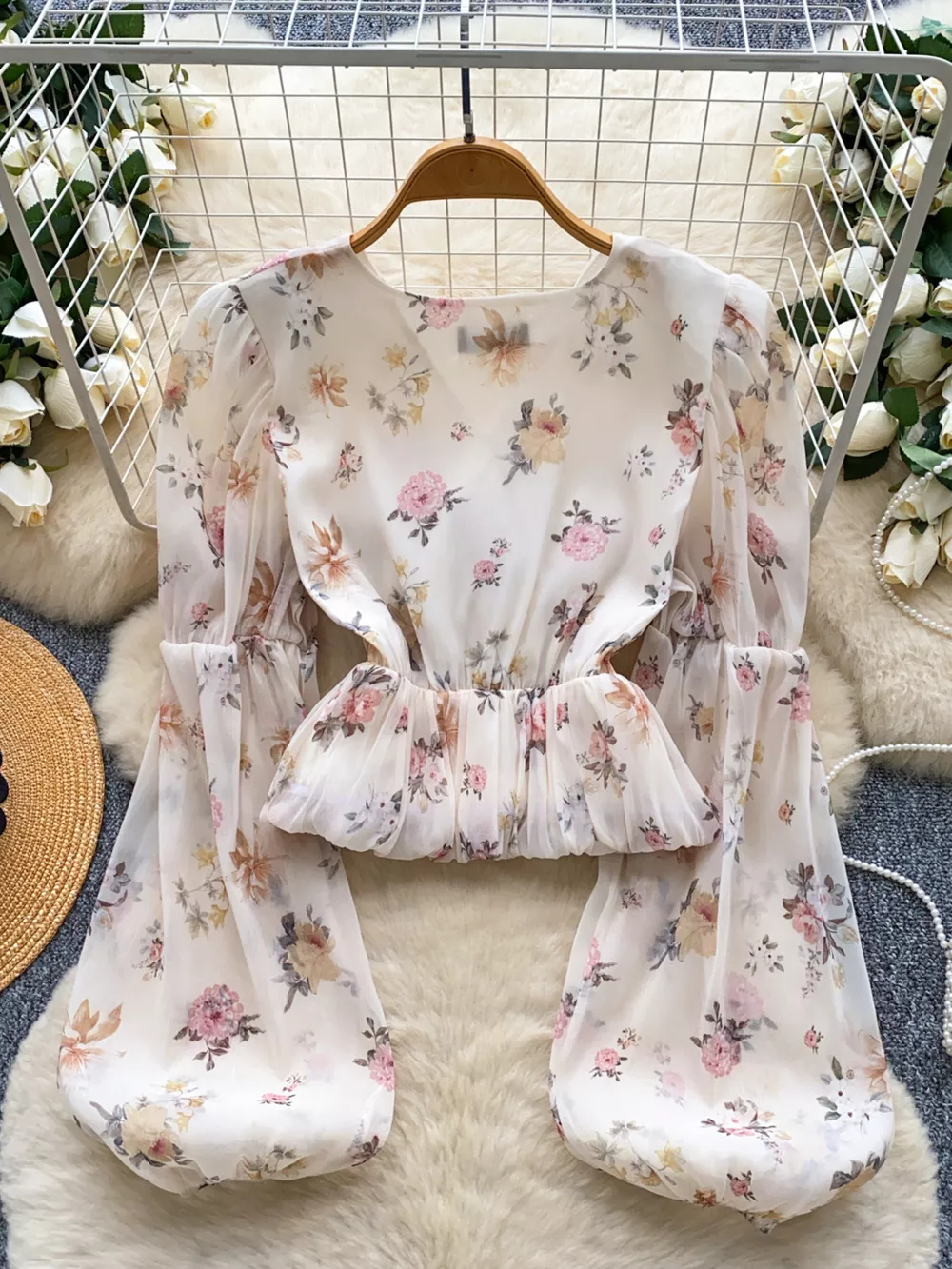 Floral Print Chiffon Balloon Sleeve Blouse, image 2