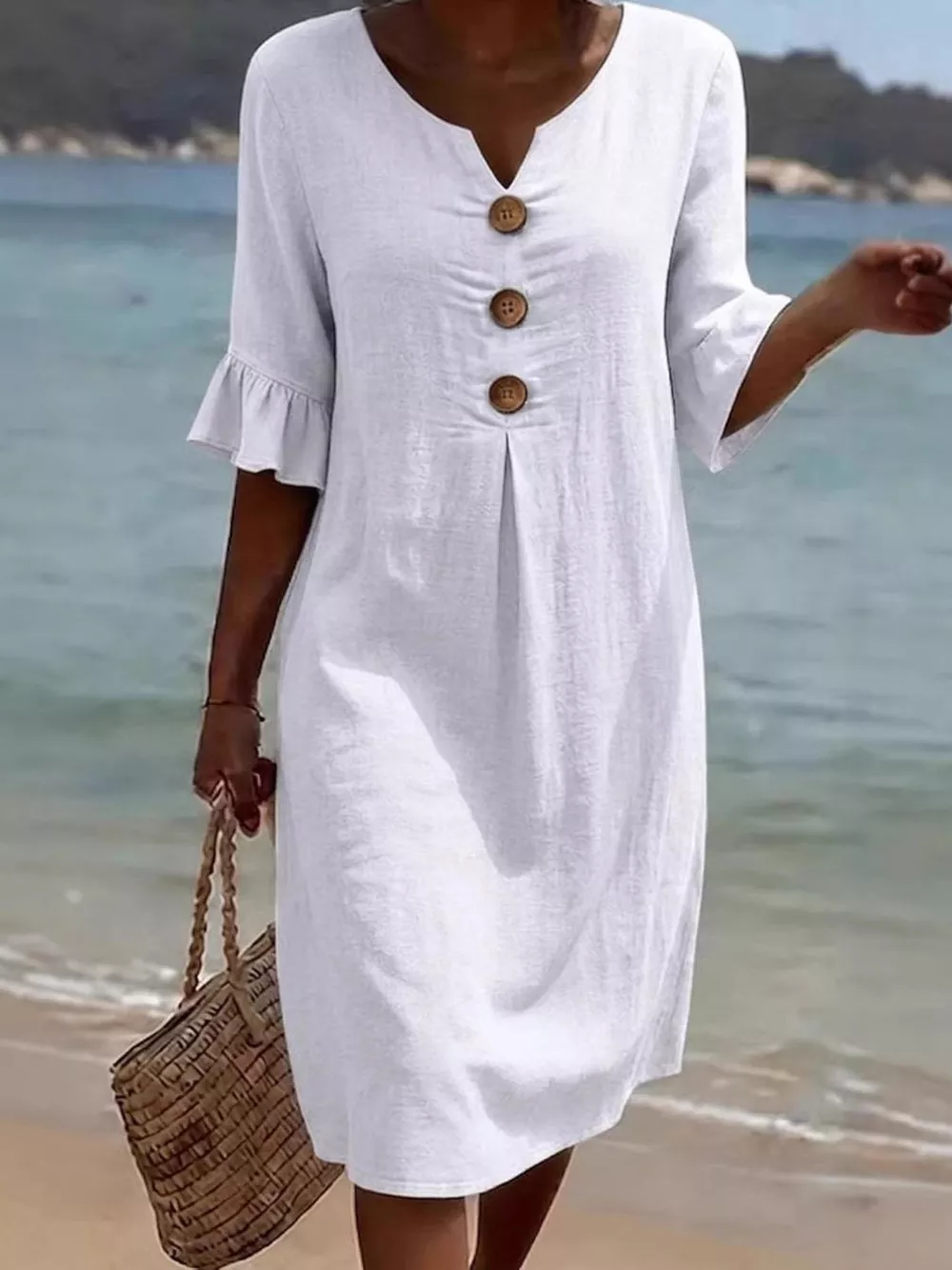 Full Size Decorative Button Ruffle Half Sleeve Dress Plus Size, image 2