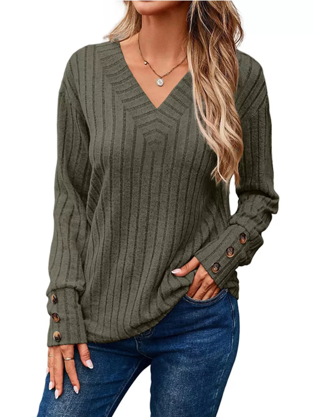 Ribbed V-Neck Long Sleeve Top, image 13