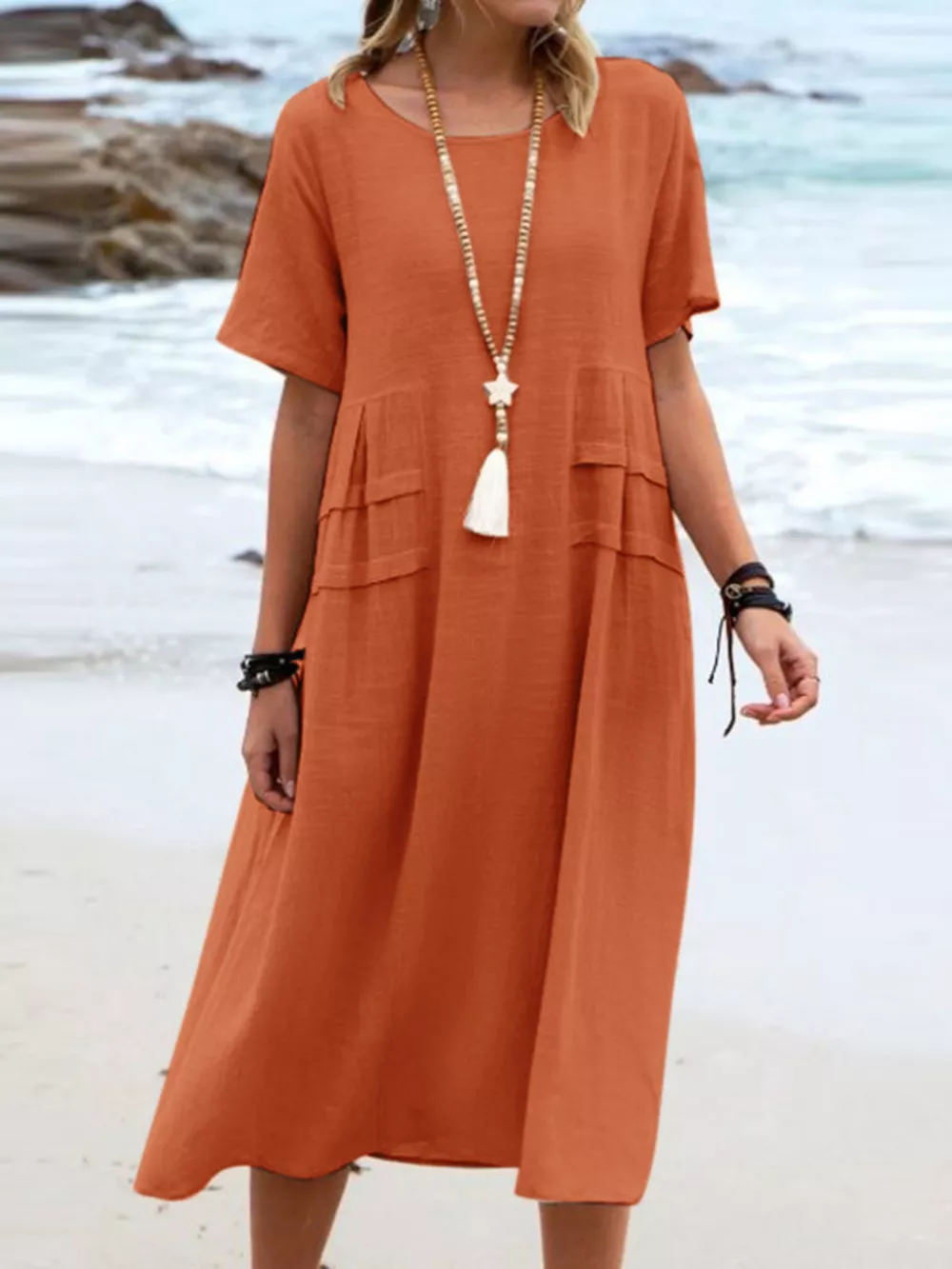 Full Size Casual Linen Blend Midi Dress Plus Size, image 13