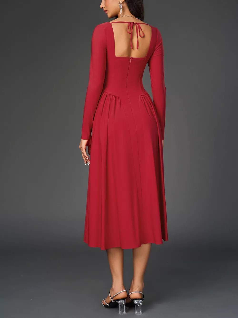 Sweetheart Neckline Long Sleeve A-Line Midi Dress, image 8